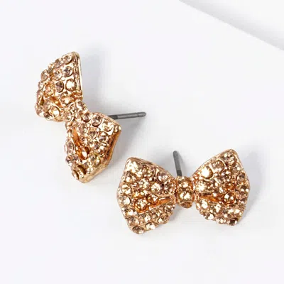 Fashnzfab Crystal Rhinestone Bow Stud Earrings In Gold