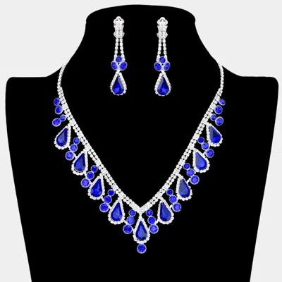 Fashnzfab Crystal Rhinestone Bubbly Teardrop Necklace Clip On Earring Set In Blue