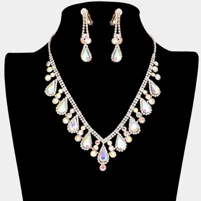 Fashnzfab Crystal Rhinestone Bubbly Teardrop Necklace Clip On Earring Set In Multi