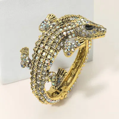 Fashnzfab Crystal Rhinestone Crocodile/alligator Embellished Evening Hinged Cuff Bracelet In Gold