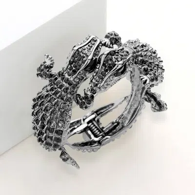 Fashnzfab Crystal Rhinestone Double Crocodile/alligator Evening Hinged Cuff Bracelet Black Diamond In Multi