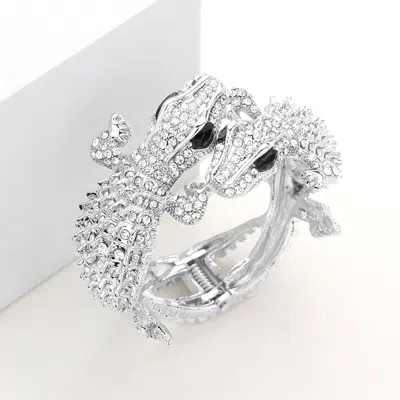 Fashnzfab Crystal Rhinestone Double Crocodile/alligator Evening Hinged Cuff Bracelet In Metallic