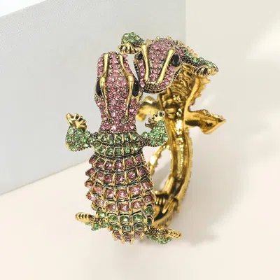 Fashnzfab Crystal Rhinestone Double Crocodile/alligator Evening Hinged Cuff Bracelet In Pink