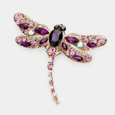 Fashnzfab Crystal Rhinestone Dragonfly Brooch / Pendant - Gold, Purple In Multi