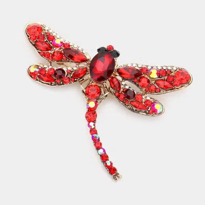Fashnzfab Crystal Rhinestone Dragonfly Brooch / Pendant In Red