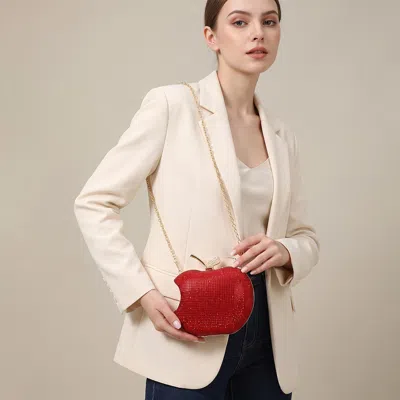 Fashnzfab Crystal Rhinestone Embellished Apple Evening Clutch Shoulder Bag In Red