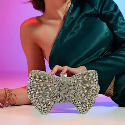 Fashnzfab Crystal Rhinestone Embellished Bow Evening Clutch Shoulder Bag In Gray