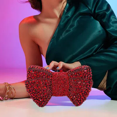 Fashnzfab Crystal Rhinestone Embellished Bow Evening Clutch Shoulder Bag In Red