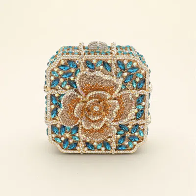 Fashnzfab Crystal Rhinestone Embellished Flower Pointed Square Evening Clutch / Tote / Shoulder Bag In Blue