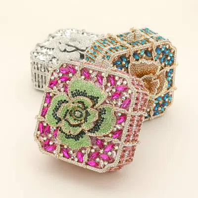 Fashnzfab Crystal Rhinestone Embellished Flower Pointed Square Evening Clutch / Tote / Shoulder Bag In Pink