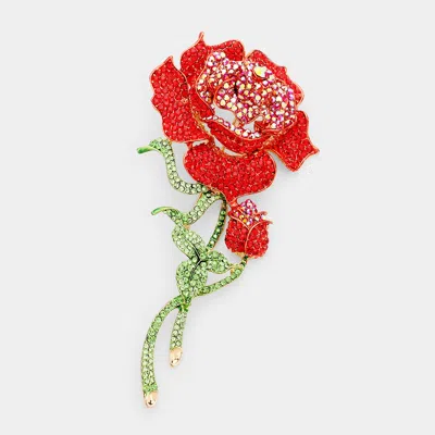 Fashnzfab Crystal Rhinestone Embellished Rose Pin Brooch In Red