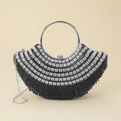 Fashnzfab Crystal Rhinestone Fringe Embellished Round Handle Crossbody Evening Bag In Black