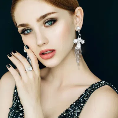 Fashnzfab Crystal Rhinestone Fringe Evening Earrings In Black
