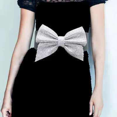 Fashnzfab Crystal Rhinestone Pave Bow Elastic Stretch Belt In Metallic