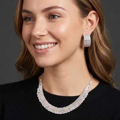 Fashnzfab Crystal Rhinestone Pave Collar Necklace Clip On Earring Set In Metallic