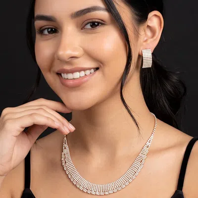 Fashnzfab Crystal Rhinestone Pave Collar Necklace Clip On Earring Set In Metallic
