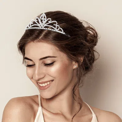 Fashnzfab Crystal Rhinestone Pave Cross Drop Tiara In Silver
