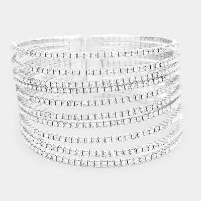 Fashnzfab 7rows Split Layered Rhinestone Cuff Bracelet Silver
