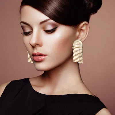 Fashnzfab Crystal Rhinestone Pave Fringe Evening Earrings In Gold