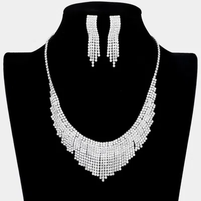 Fashnzfab Crystal Rhinestone Pave Fringe Necklace In Silver