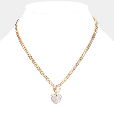 Fashnzfab Crystal Rhinestone Pave Heart Pendant Toggle Necklace In Gold