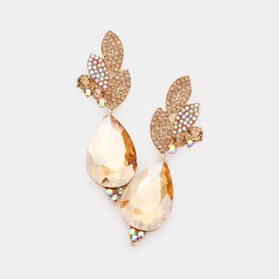 Fashnzfab Crystal Rhinestone Pave Leaf Evening Earrings - Lt Col Topaz In Gold