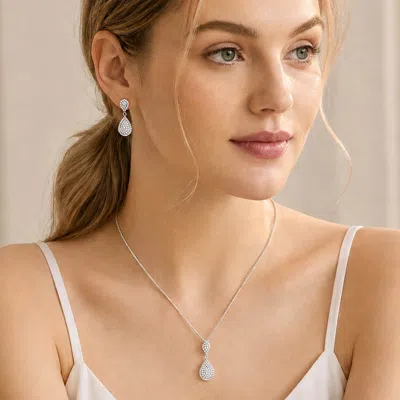 Fashnzfab Crystal Rhinestone Pave Teardrop Dangle Necklace In Silver