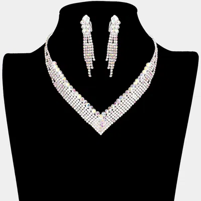 Fashnzfab Crystal Rhinestone Pave V Shape Collar Necklace Clip On Earring Set In White