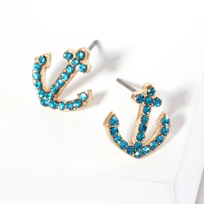 Fashnzfab Crystal Rhinestone Paved Anchor Stud Earrings - Blue Zircon