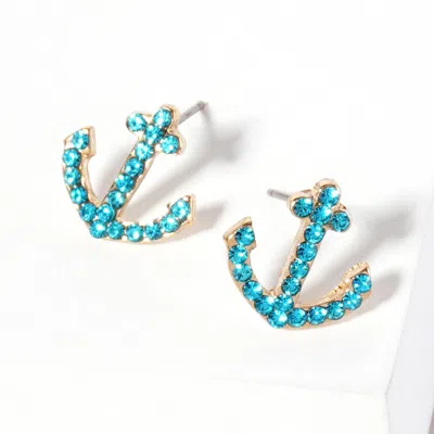Fashnzfab Crystal Rhinestone Paved Anchor Stud Earrings In Blue