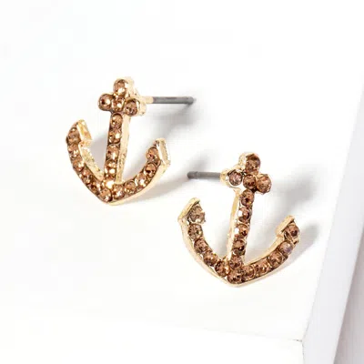 Fashnzfab Crystal Rhinestone Paved Anchor Stud Earrings In Gold