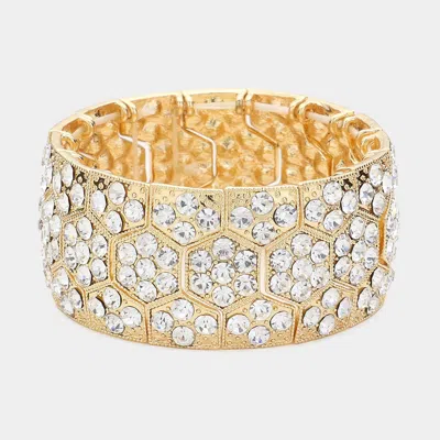 Fashnzfab Crystal Rhinestone Paved Honey Comb Evening Stretch Bracelet Clear, Gold In Silver