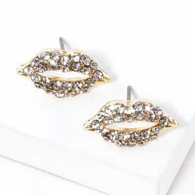 Fashnzfab Crystal Rhinestone Paved Lips Stud Earrings - Clear, Gold In Multi