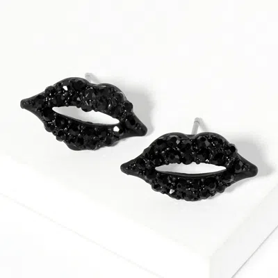 Fashnzfab Crystal Rhinestone Paved Lips Stud Earrings - Jet Black