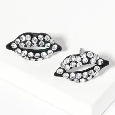 Fashnzfab Crystal Rhinestone Paved Lips Stud Earrings In Black