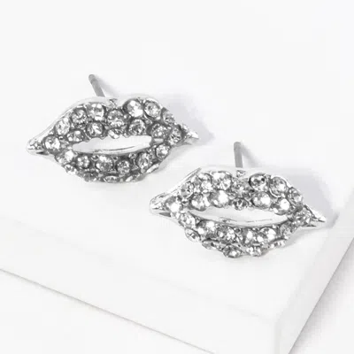 Fashnzfab Crystal Rhinestone Paved Lips Stud Earrings - Clear, Rhodium In Silver
