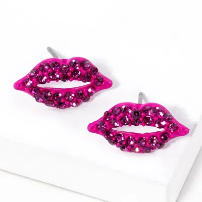 Fashnzfab Crystal Rhinestone Paved Lips Stud Earrings In Pink