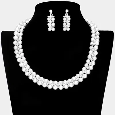 Fashnzfab Crystal Rhinestone Pearl Cluster Bib Necklace In White
