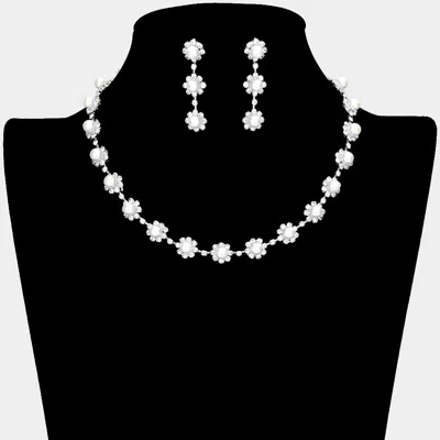 Fashnzfab Crystal Rhinestone Pearl Flower Collar Necklace In Metallic