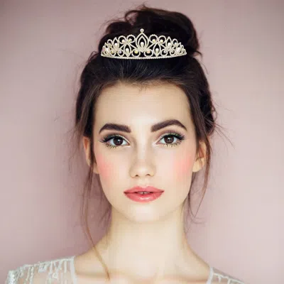 Fashnzfab Crystal Rhinestone Pearl Marquise Tiara In Beige