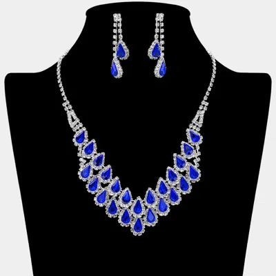 Fashnzfab Crystal Rhinestone Teardrop Cluster Necklace In Blue