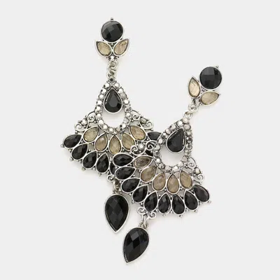 Fashnzfab Crystal Rhinestone Teardrop Dangle Fan Evening Earrings - Black, Rhodium