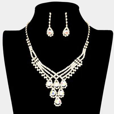 Fashnzfab Crystal Rhinestone Teardrop Glass Necklace In Metallic