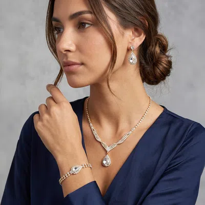 Fashnzfab Crystal Rhinestone Teardrop Pendant Necklace Jewelry Set In Silver