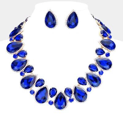 Fashnzfab Crystal Rhinestone Trim Teardrop Collar Evening Necklace In Blue
