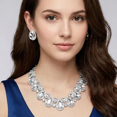 Fashnzfab Crystal Rhinestone Trim Teardrop Collar Evening Necklace In Silver