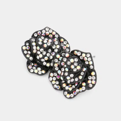 Fashnzfab Crystal Rose Stud Earrings In Black