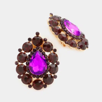 Fashnzfab Crystal Round Trimmed Teardrop Clip On Evening Earrings - Gold, Purple In Multi