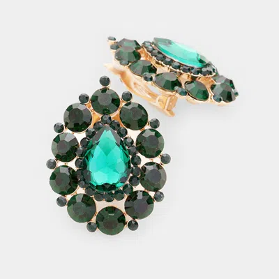 Fashnzfab Crystal Round Trimmed Teardrop Clip On Evening Earrings In Green