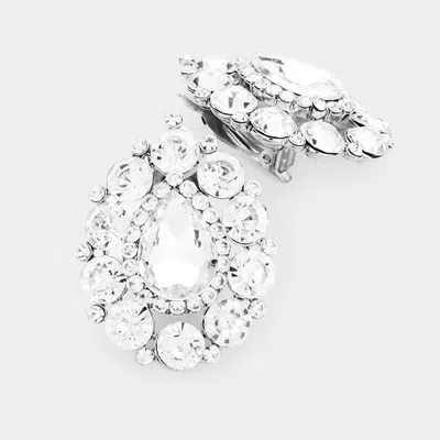 Fashnzfab Crystal Round Trimmed Teardrop Clip On Evening Earrings In Silver